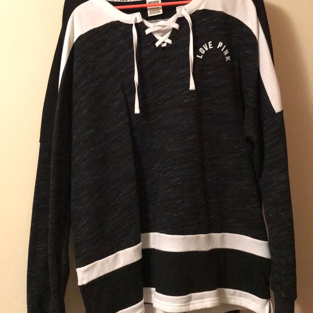 PINK hockey lace Crew Neck